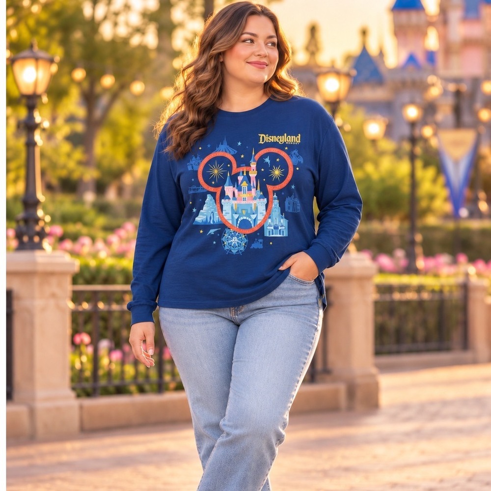 Disneyland Resort Womens 1X Mickey Castle Icons Blue Long Sleeve Graphic
